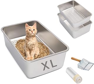 Stainless Steel Sifting Cat Litter Box, XL High-Sided, Anti-Leakage, 23.6" L x 15.9" W x 8" H, with Scoop and Liner