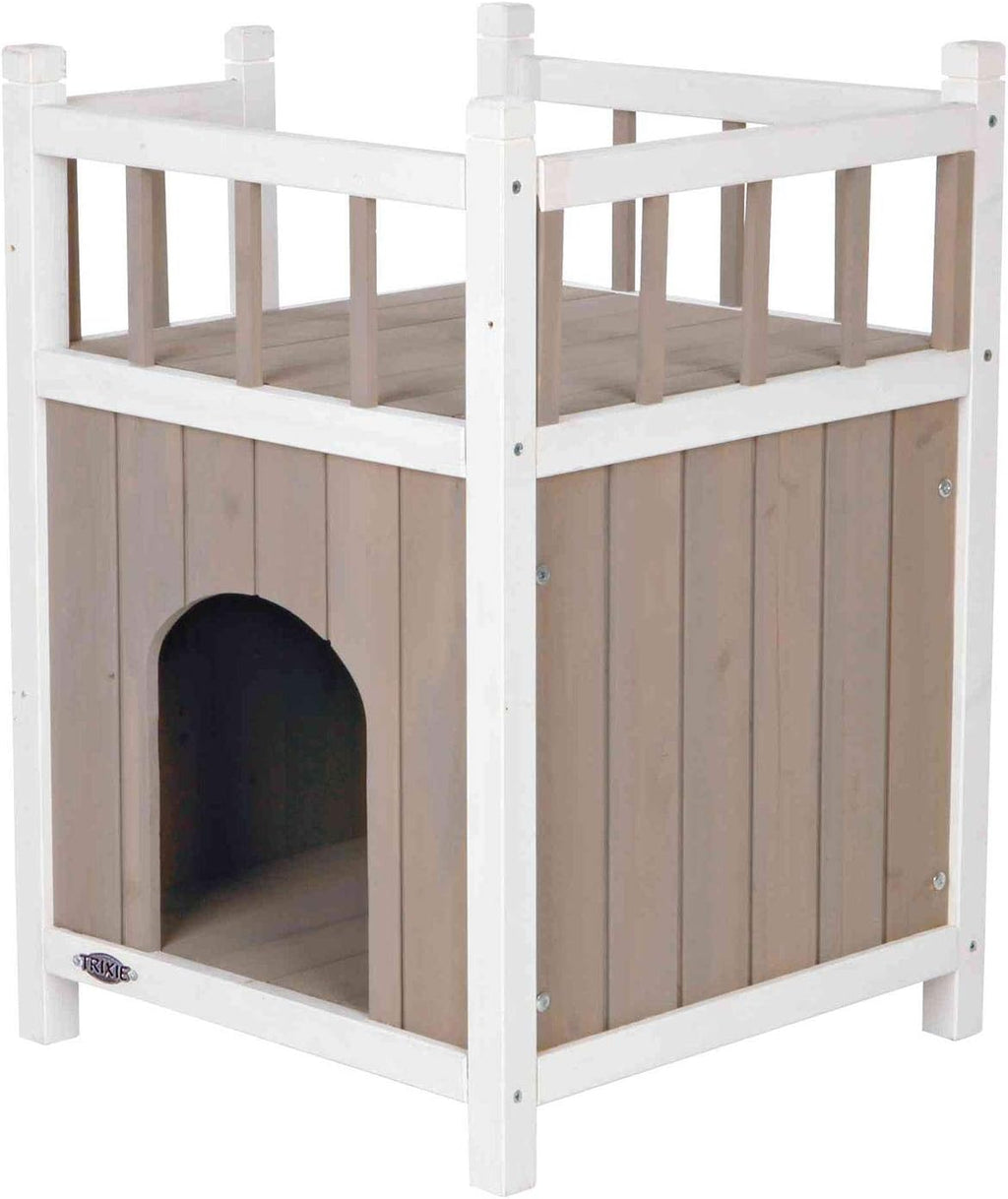 Pewter and white two-story insulated wooden outdoor cat house with ramp – view 3