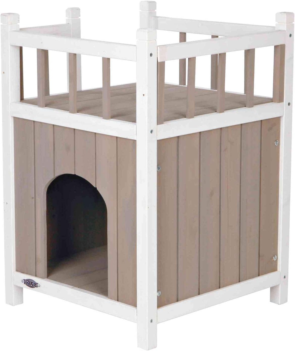 Pewter and white two-story insulated wooden outdoor cat house with ramp – view 3
