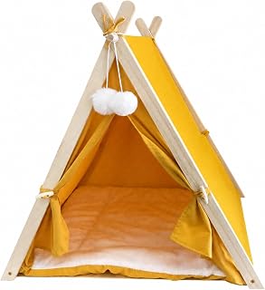 Wood Frame Cat Tent Bed with Hanging Toy for Winter Naps, Warm, Orange
