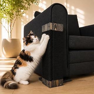 Wooden Cat Scratching Post, Vertical Sisal Rope, Rustic Style, Black