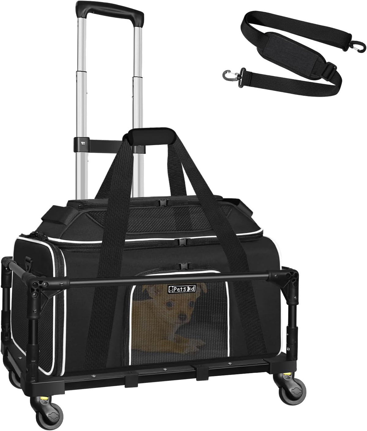 Black rolling pet carrier with expandable top and mesh panels