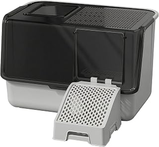 High-Sided Cat Toilet with Perforated Entrance Base and Hinged Front Flap, Black White