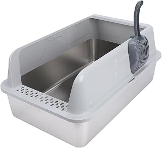 Extra Large Stainless Steel High-Sided Cat Litter Box, Light Gray