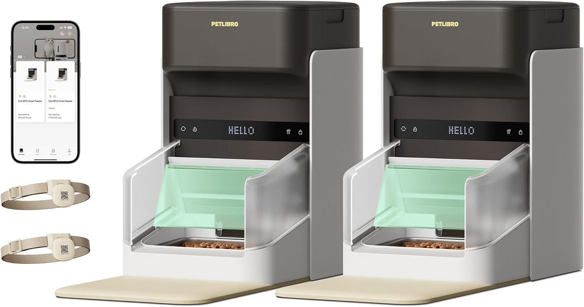 Two RFID automatic cat feeders with collar tags side by side