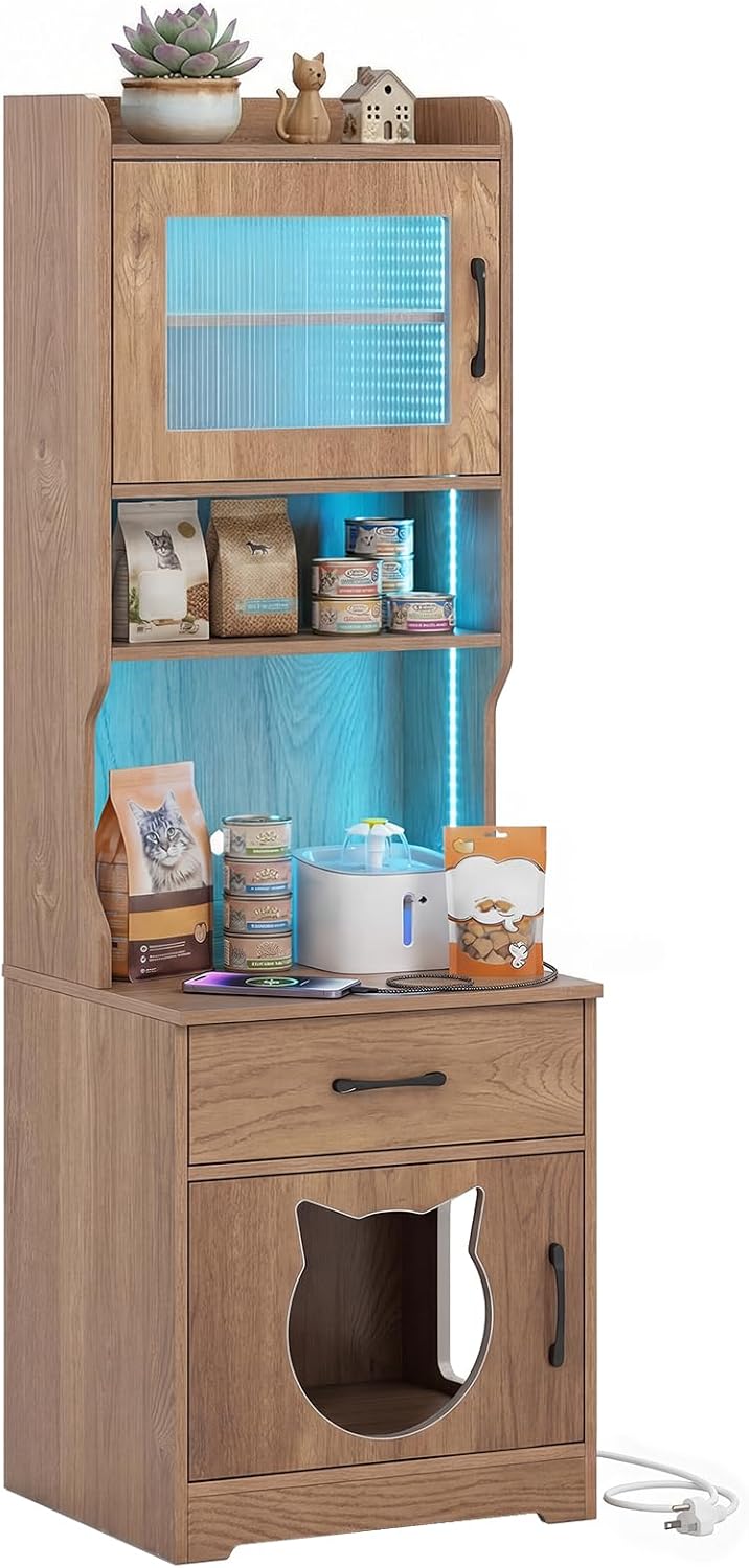 Tall litter box enclosure cabinet with LED light and storage shelves – view 2