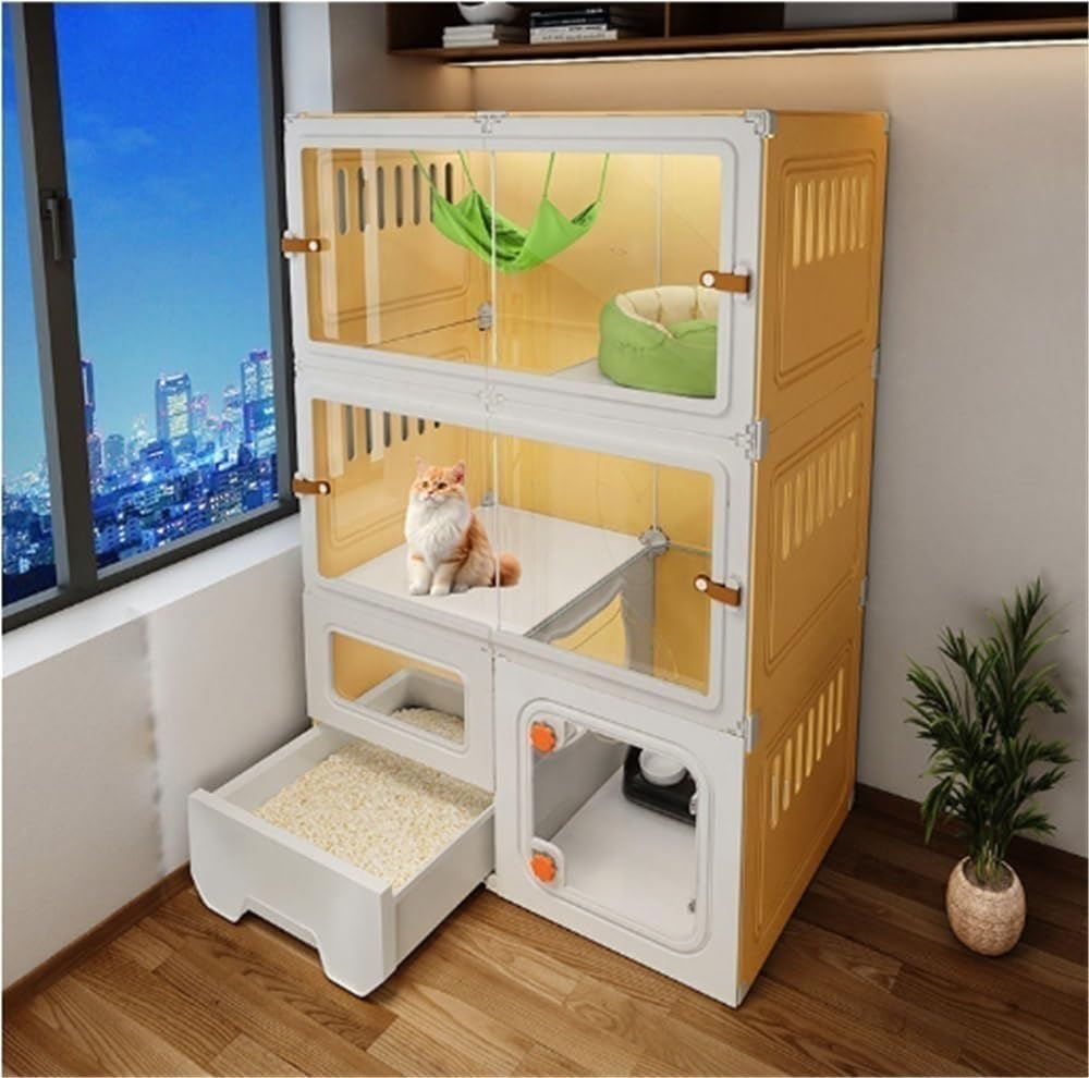 Multi-level plastic indoor cat cage with litter box and front door – view 3