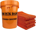 Orange bucket with four hi-vis water-activated flood barriers