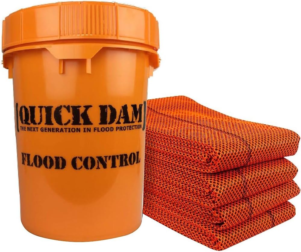 Orange bucket with four hi-vis water-activated flood barriers
