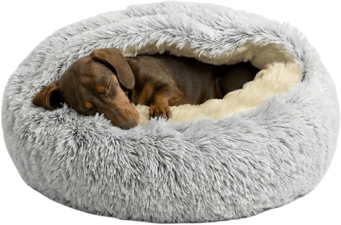 Grey plush hooded donut cave dog bed with raised rim