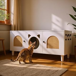 Modern Cat Litter Box Cabinet with Storage and Sisal Scratching Post, Cream White