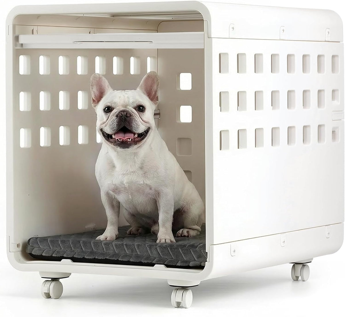 Warm white furniture dog crate with clear panels, cushion and wheels