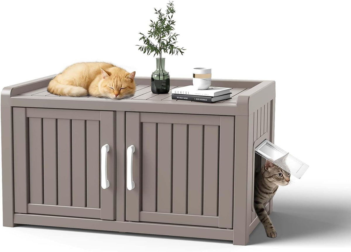 Black resin litter box enclosure bench with three doors – view 2