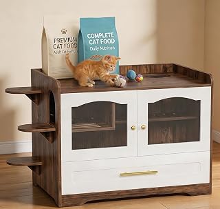 Cat Litter Box Enclosure with Acrylic Door, Extra-Long Runway and Drawer