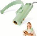 Hands-free neck band pet grooming dryer blowing air while a dog is brushed