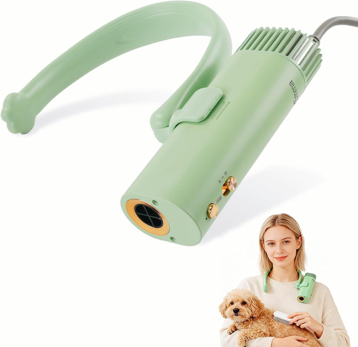 Hands-free neck band pet grooming dryer blowing air while a dog is brushed
