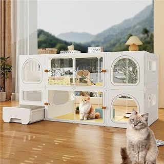Large Indoor Cat Cage with Litter Box, 2-Tier Enclosure with Sliding Door and Transparent Windows, White