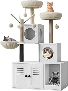 Garvee 53.7 Inch Litter Box Enclosure with Cat Tree, 2-in-1 Modern Tower with Condo, Hammock and Plush Perch, White