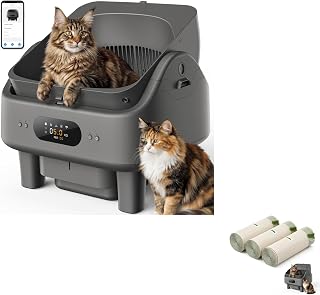 Automatic Self-Cleaning Litter Box, Grey, with 3 Rolls of Trash Bags (60 Bags)