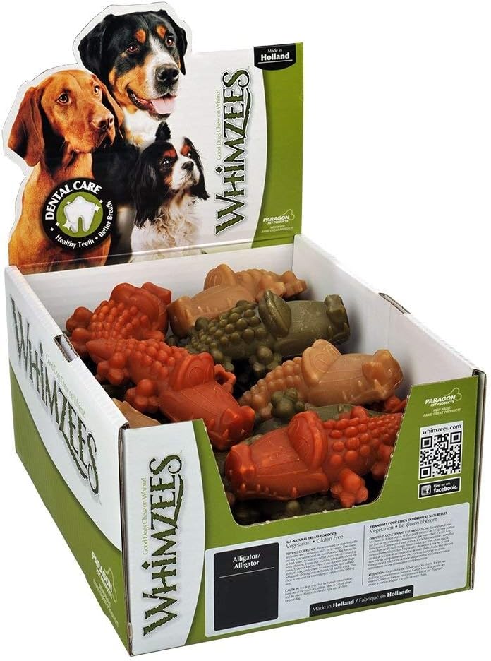 Pile of green alligator-shaped chews for small dogs
