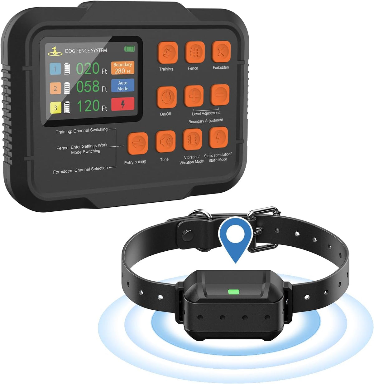 Wireless dog fence collar and remote with UWB positioning