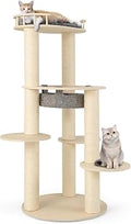 PETSITE 59 Inch Modern Wood Cat Tree, Multi-Level Tower with Sisal Posts, Hammock, Top Perch and 3 Jumping Platforms