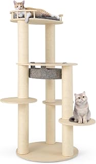 PETSITE 59 Inch Modern Wood Cat Tree, Multi-Level Tower with Sisal Posts, Hammock, Top Perch and 3 Jumping Platforms