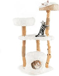 PETSITE 49 Inch Solid Wood Cat Tree with Scratching Posts, Cattail Basket Bed, Side Perch, Large Platform and Condo, White