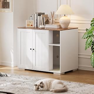 Large Cat Litter Box Enclosure Cabinet with Built-In Power Outlet