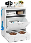 White pet feeding station cabinet with two pull-out bowls