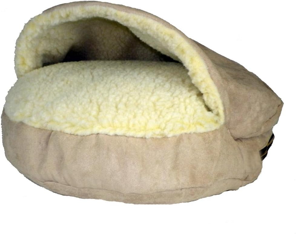 Extra large buckskin microsuede hooded cave dog bed with sherpa lining