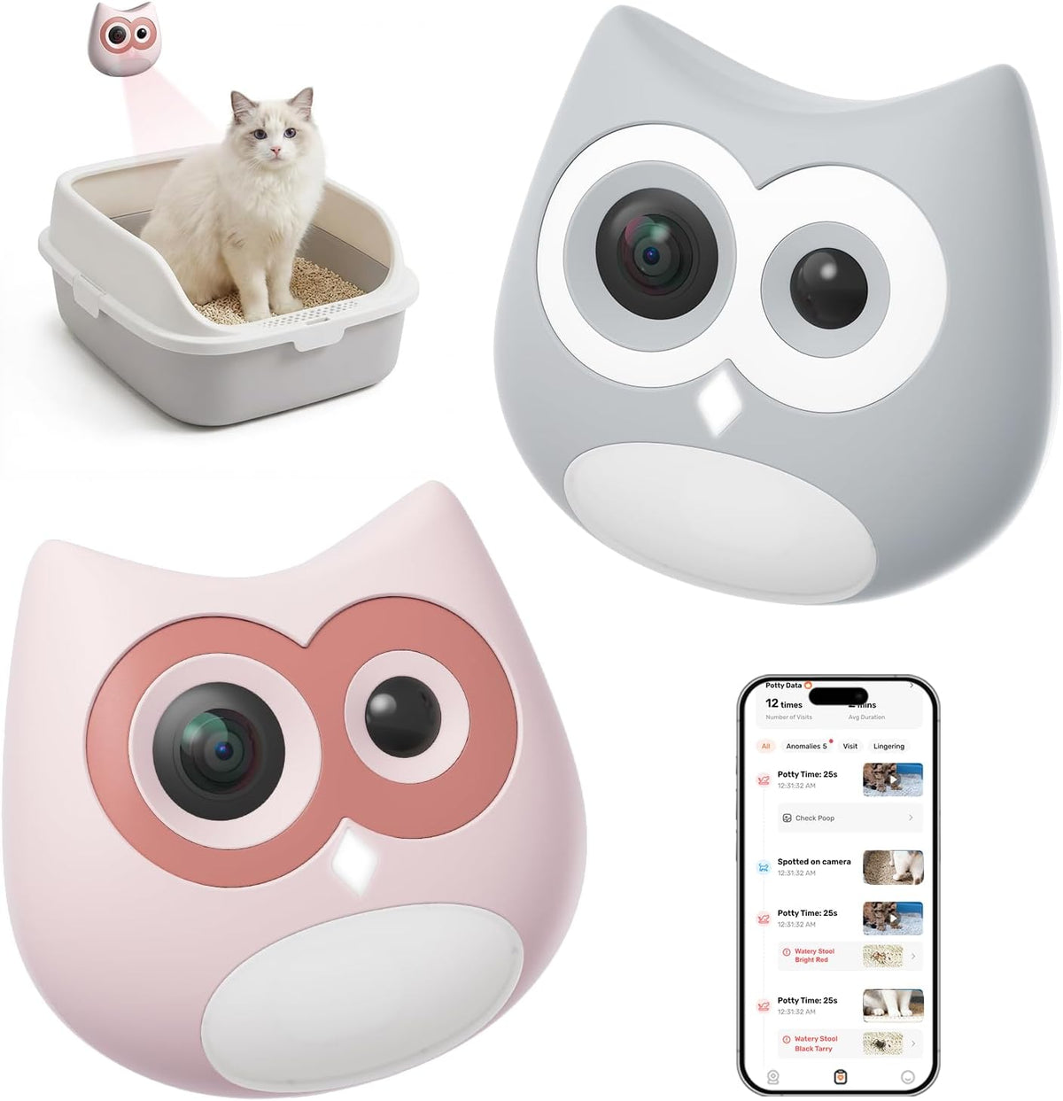 Small AI camera mounted beside a cat litter box