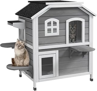 2-Story Waterproof Outdoor Cat House with Openable Roof, Gray