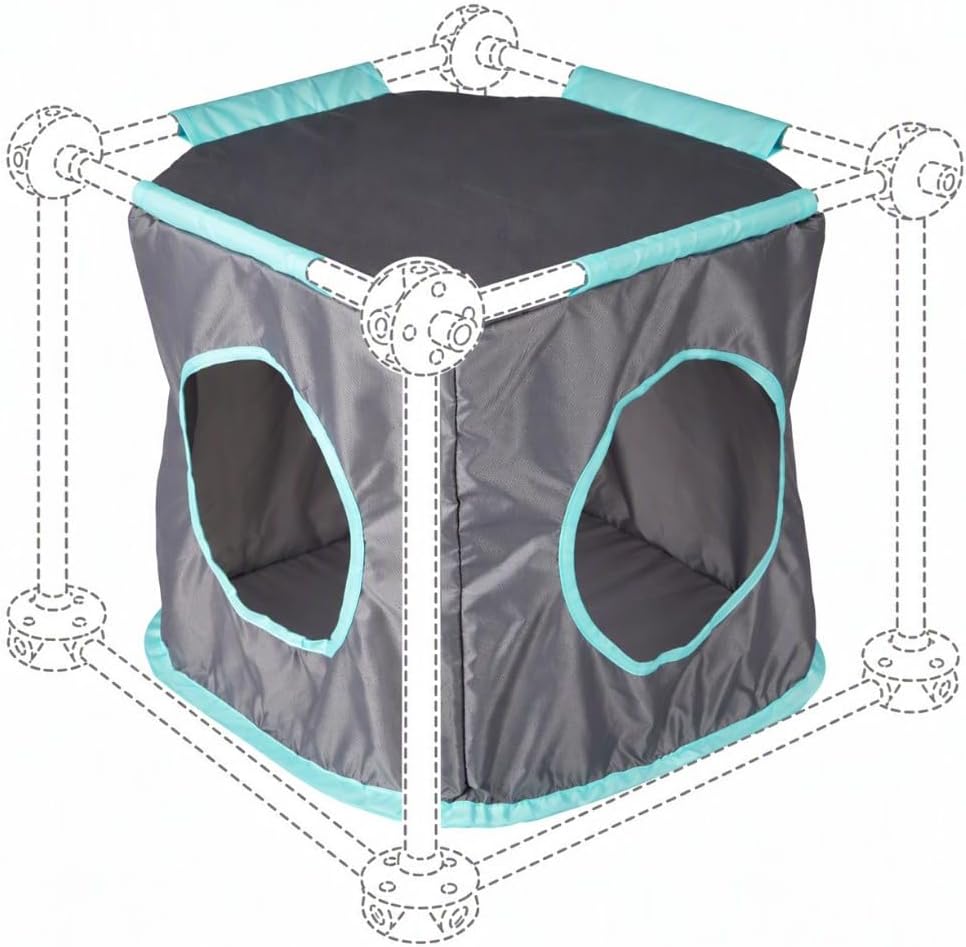 Mesh outdoor catio play kit with tunnels and covered tents on a patio – view 3