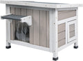 Wooden outdoor cat shelter with openable asphalt roof and two doorways – view 2