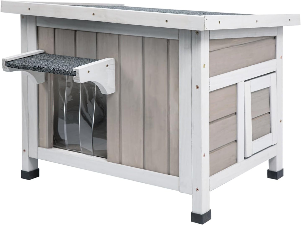 Wooden outdoor cat shelter with openable asphalt roof and two doorways – view 2