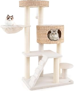 PETSITE 50 Inch Cattail Cat Tree with Sisal Scratching Posts, Condo, Side Basket and Top Perch