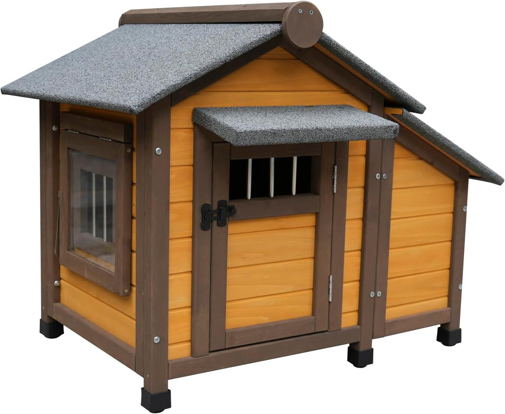 45 inch wooden dog house with gray PVC roof, ventilation window and raised feet – view 3