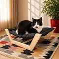 Elevated Cat Bed with Washable Cushion, Modern Wooden Frame, Black Cushion, Natural Wood Stand