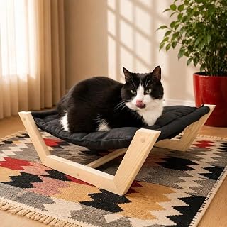 Elevated Cat Bed with Washable Cushion, Modern Wooden Frame, Black Cushion, Natural Wood Stand