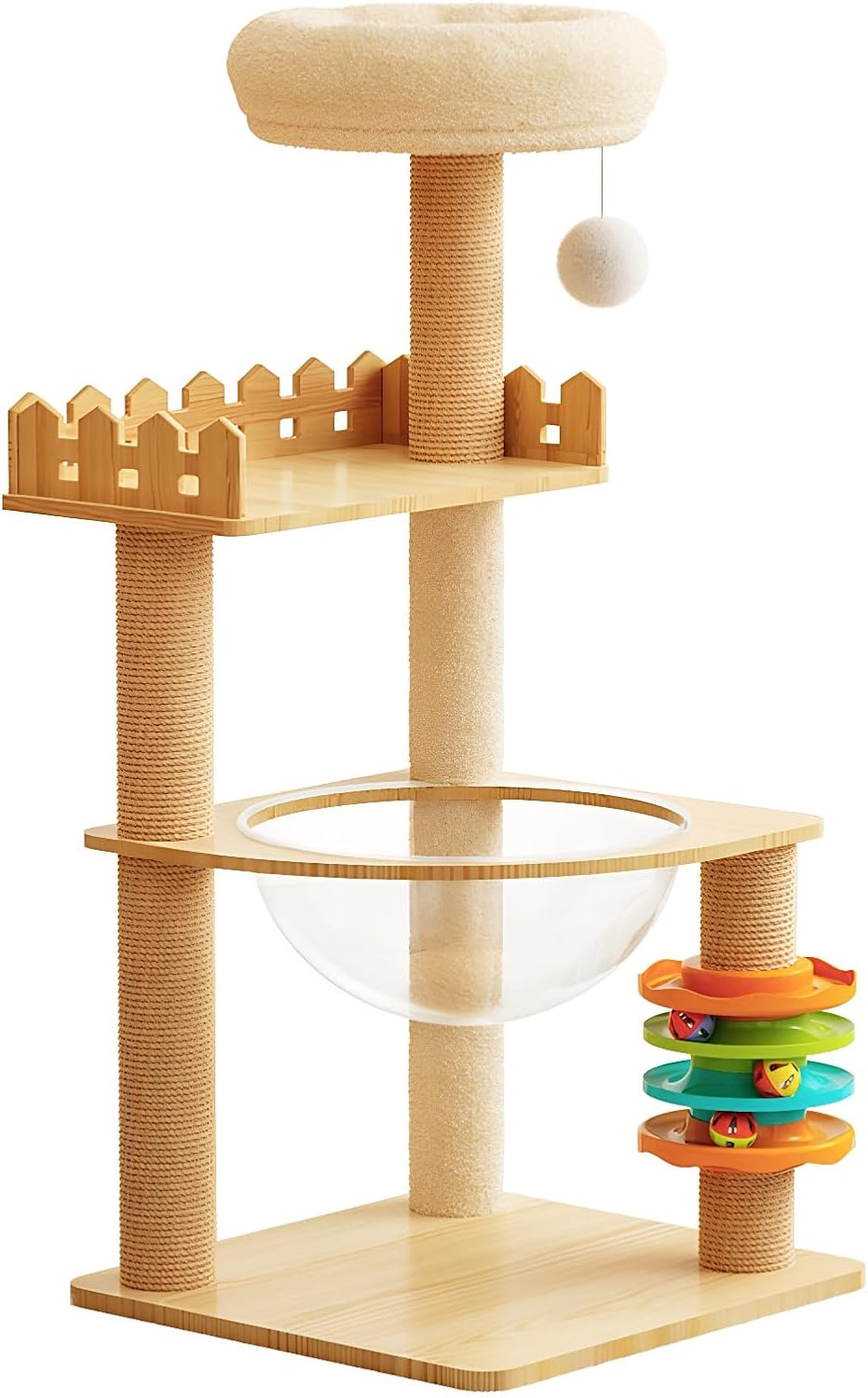 Floor-to-ceiling wooden cat tower with sisal posts, condo cave and top perch – view 6