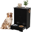 Black wood dog feeding cabinet with pull-out drawer and two steel bowls