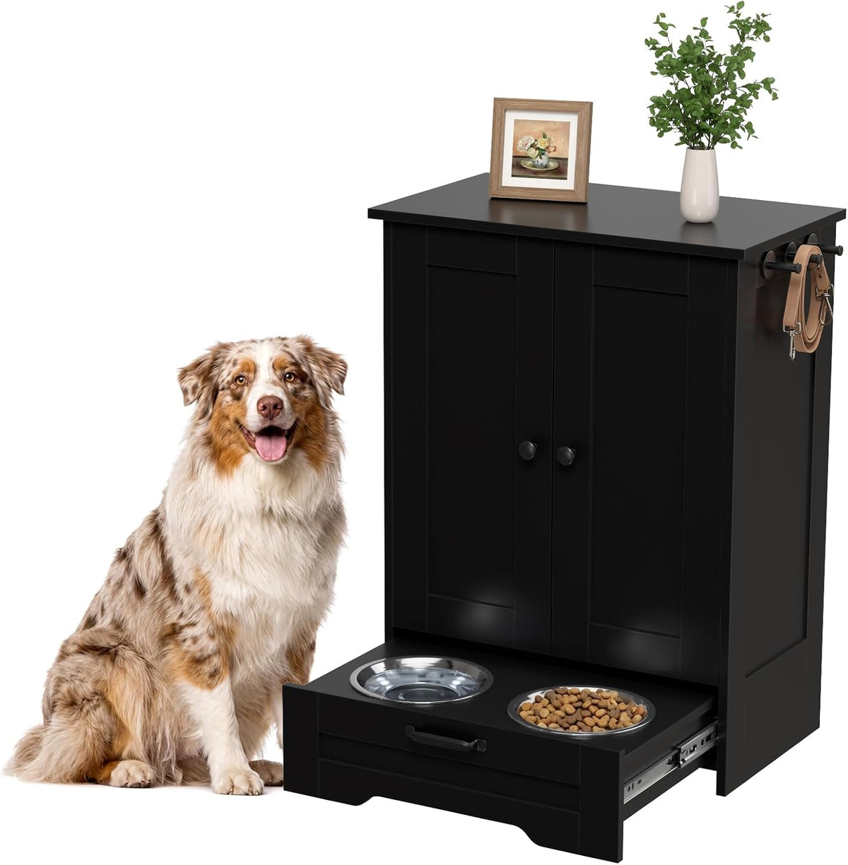 Black wood dog feeding cabinet with pull-out drawer and two steel bowls