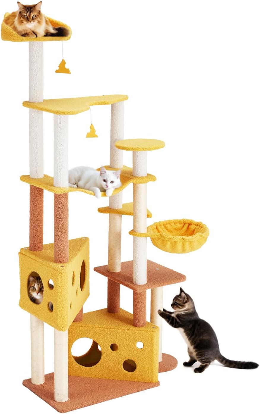 Natural wood cat tree with real branches, plush perches and pom-pom toys – view 2