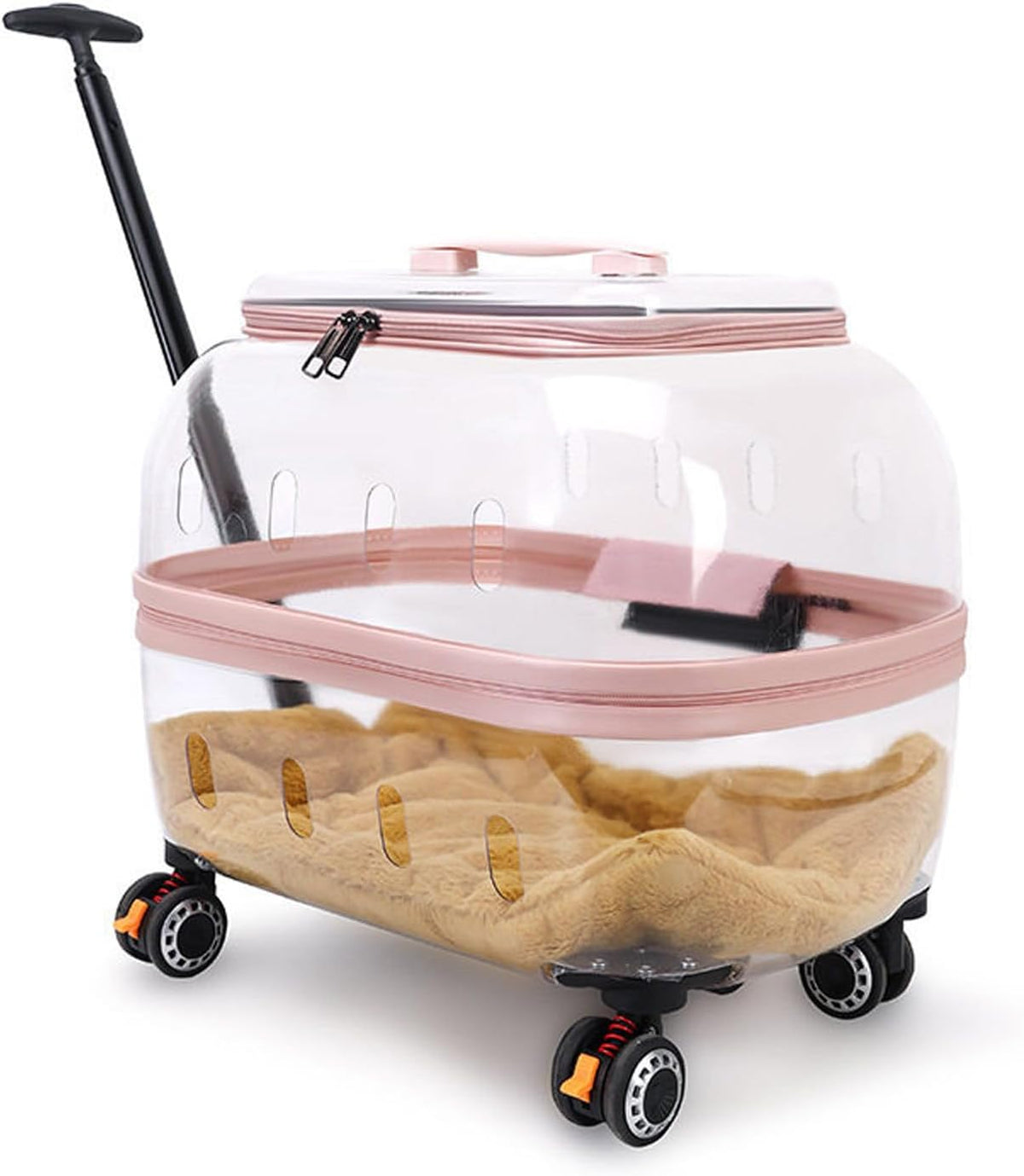 Transparent hard shell rolling pet carrier with wheels and telescoping handle – view 2