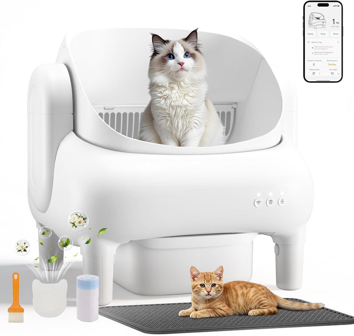 White open-top self-cleaning smart cat litter box