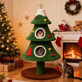 LUCKLIFE 52" Christmas Cat Tree with 2 Cozy Houses, Plush Perches and Hanging Balls, Anti-Tip Kit