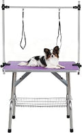 Adjustable Height Pet Grooming Table, 32 Inch, with H-Type Arm, Stainless Steel Legs and Non-Slip E1 Grade Top, Purple 36