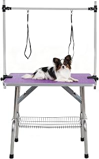 Adjustable Height Pet Grooming Table, 32 Inch, with H-Type Arm, Stainless Steel Legs and Non-Slip E1 Grade Top, Purple 36