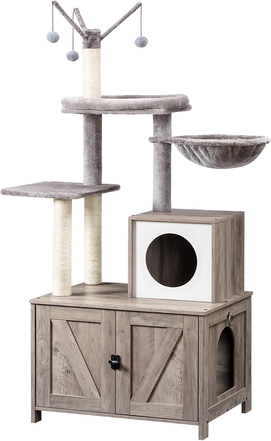 White and walnut cat tree with litter box cabinet base – view 4